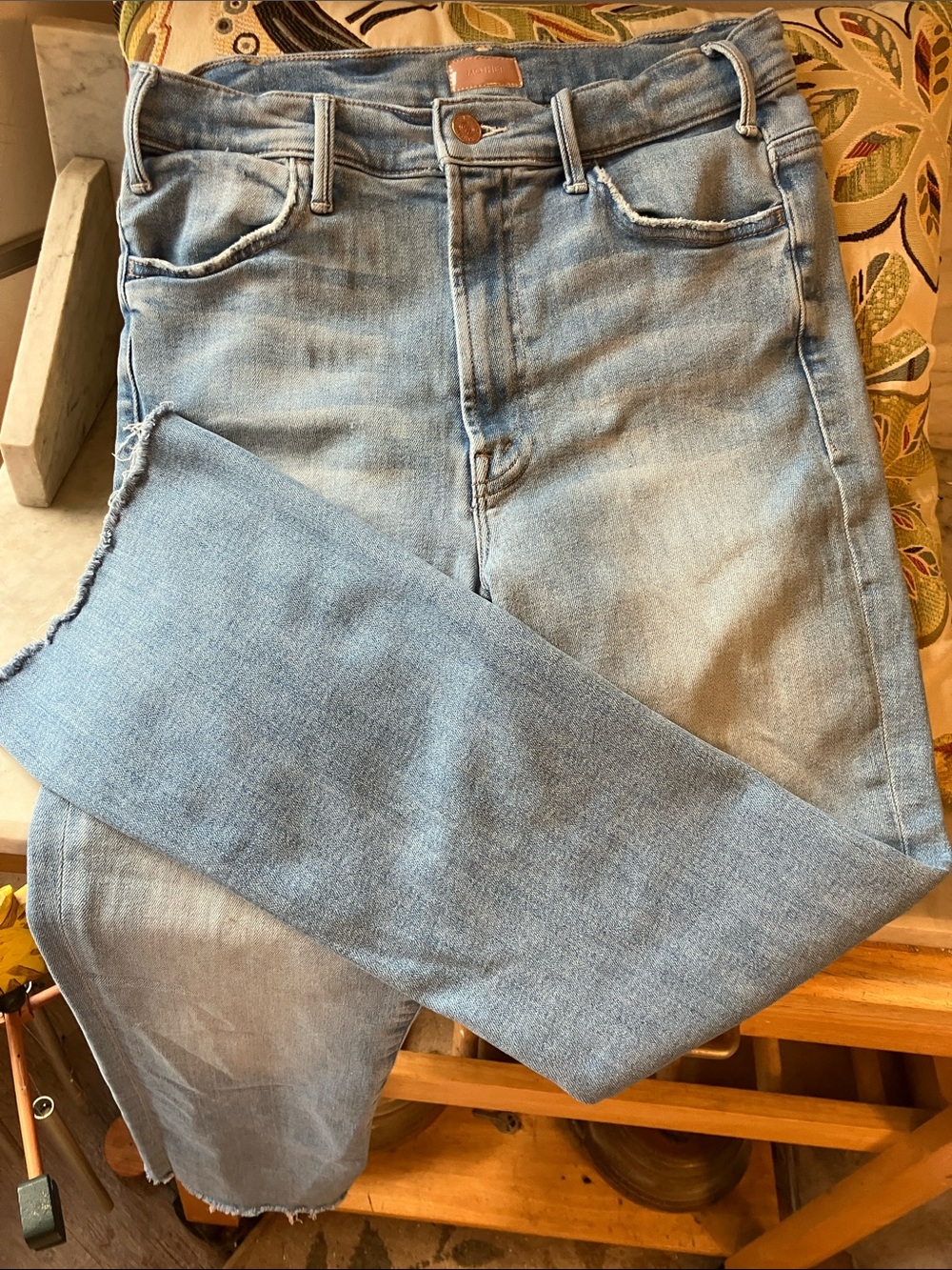 MOTHER Light Blue Denim Jeans with Tan Leather Patch